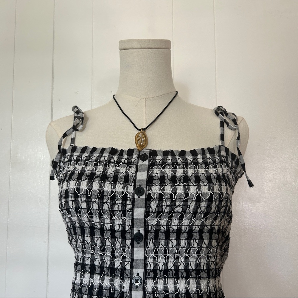 Loft Black white checkered gingham smock button adjustable tie straps ruffle top